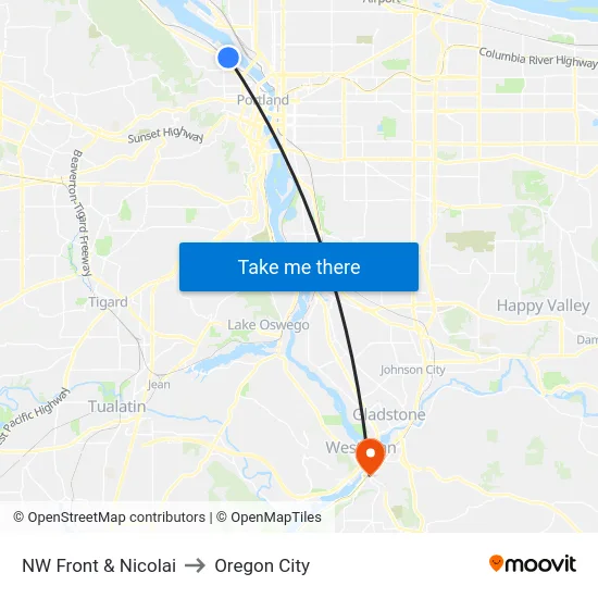 NW Front & Nicolai to Oregon City map