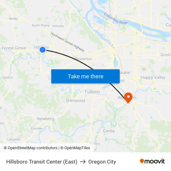 Hillsboro Transit Center (East) to Oregon City map