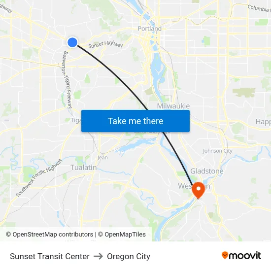 Sunset Transit Center to Oregon City map