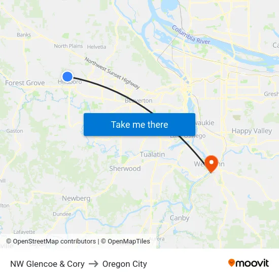 NW Glencoe & Cory to Oregon City map