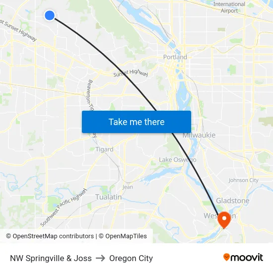 NW Springville & Joss to Oregon City map