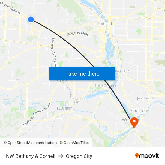 NW Bethany & Cornell to Oregon City map