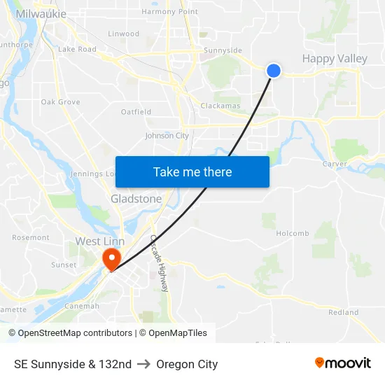 SE Sunnyside & 132nd to Oregon City map