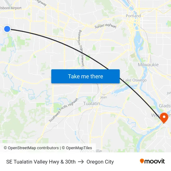 SE Tualatin Valley Hwy & 30th to Oregon City map