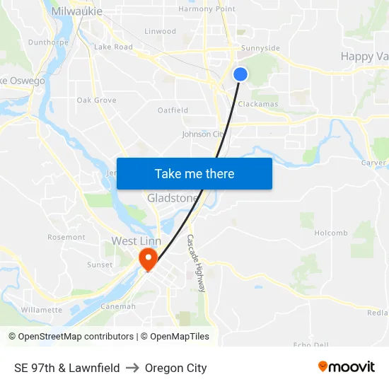 SE 97th & Lawnfield to Oregon City map