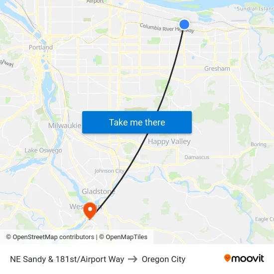 NE Sandy & 181st/Airport Way to Oregon City map