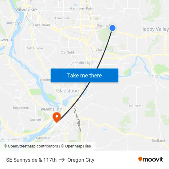 SE Sunnyside & 117th to Oregon City map
