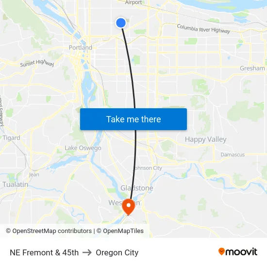 NE Fremont & 45th to Oregon City map