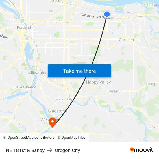 NE 181st & Sandy to Oregon City map