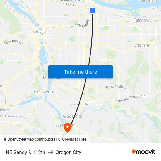 NE Sandy & 112th to Oregon City map