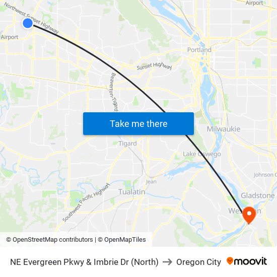 NE Evergreen Pkwy & Imbrie Dr (North) to Oregon City map