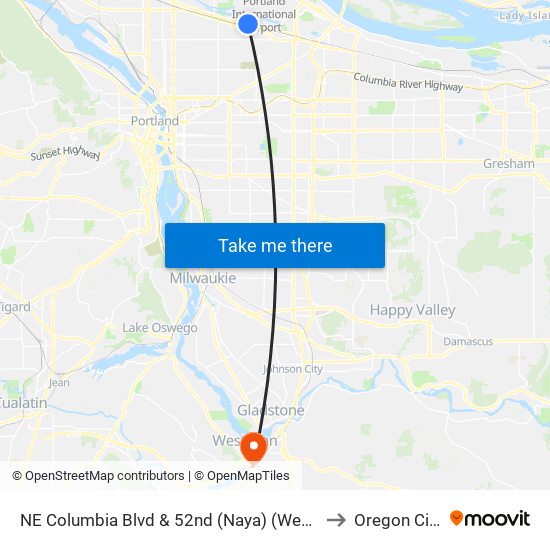 NE Columbia Blvd & 52nd (Naya) (West) to Oregon City map