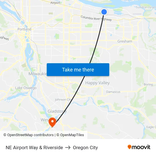 NE Airport Way & Riverside to Oregon City map