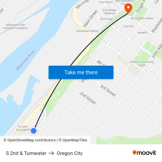 S 2nd & Tumwater to Oregon City map
