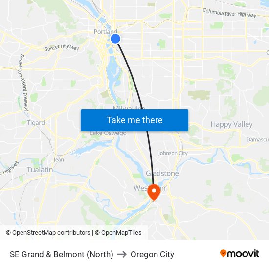 SE Grand & Belmont (North) to Oregon City map