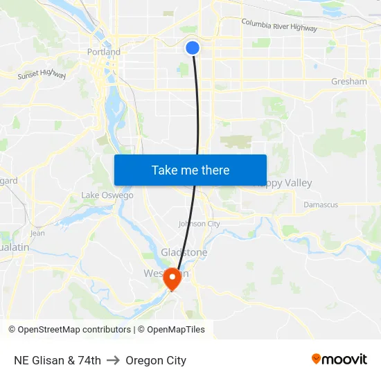 NE Glisan & 74th to Oregon City map