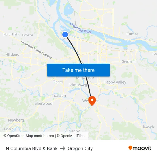 N Columbia Blvd & Bank to Oregon City map