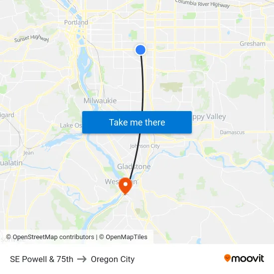 SE Powell & 75th to Oregon City map