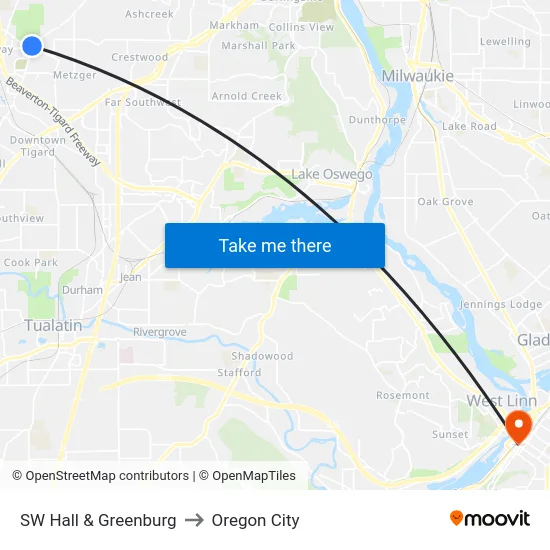 SW Hall & Greenburg to Oregon City map