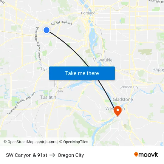 SW Canyon & 91st to Oregon City map
