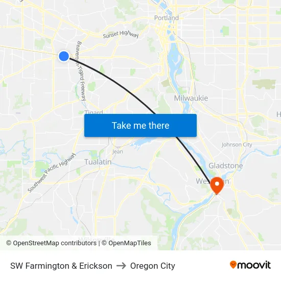 SW Farmington & Erickson to Oregon City map