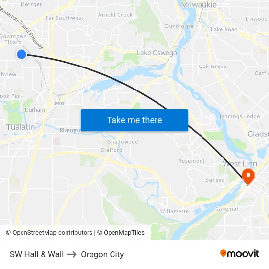 SW Hall & Wall to Oregon City map