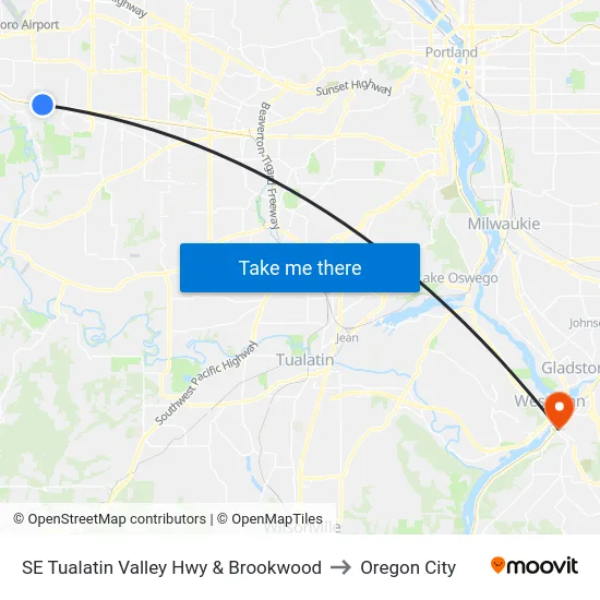 SE Tualatin Valley Hwy & Brookwood to Oregon City map