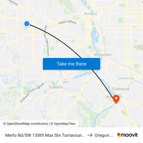 Merlo Rd/SW 158th Max Stn Turnaround (East) to Oregon City map