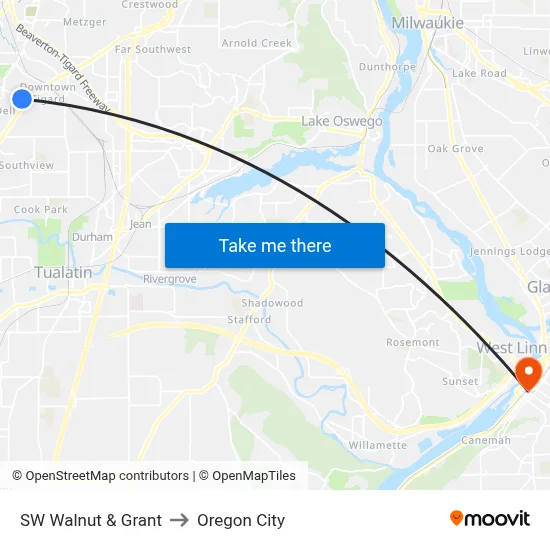 SW Walnut & Grant to Oregon City map