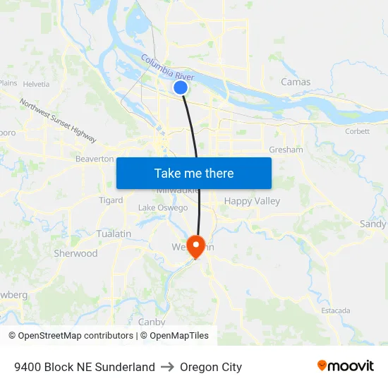 9400 Block NE Sunderland to Oregon City map