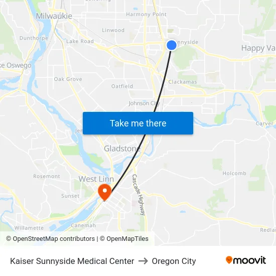 Kaiser Sunnyside Medical Center to Oregon City map