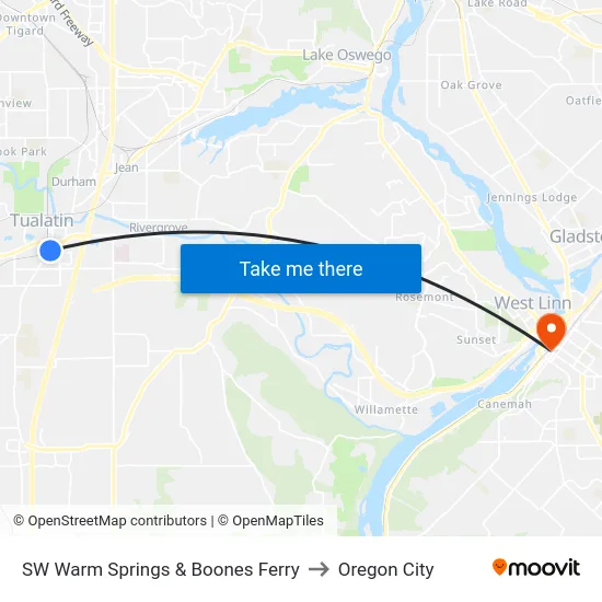 SW Warm Springs & Boones Ferry to Oregon City map