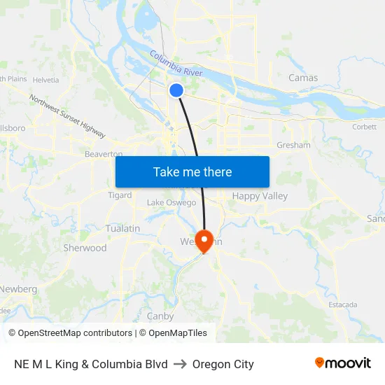 NE M L King & Columbia Blvd to Oregon City map