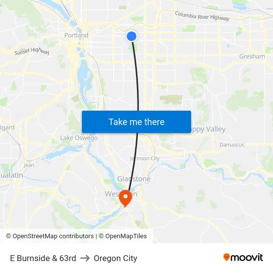 E Burnside & 63rd to Oregon City map