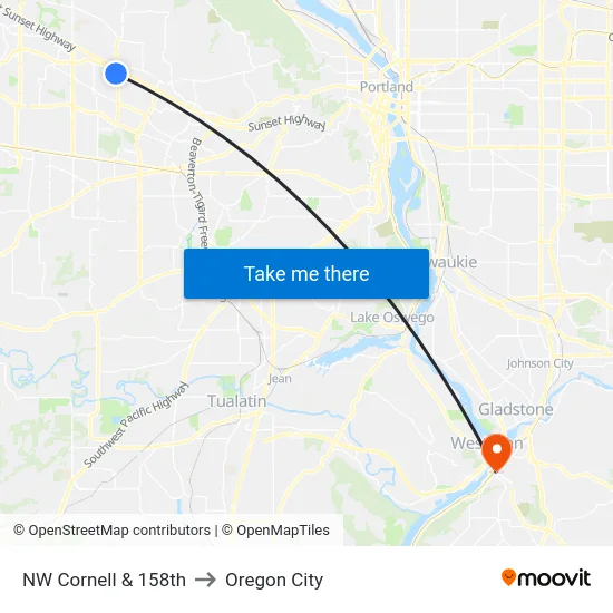 NW Cornell & 158th to Oregon City map