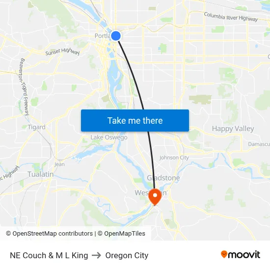 NE Couch & M L King to Oregon City map