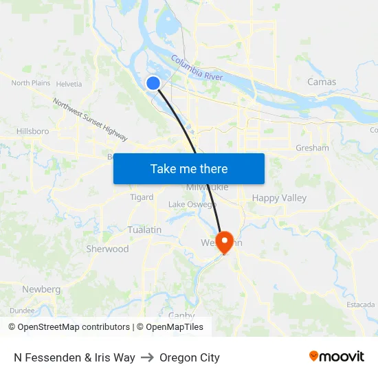 N Fessenden & Iris Way to Oregon City map