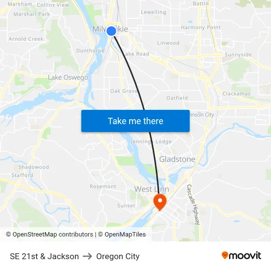 SE 21st & Jackson to Oregon City map