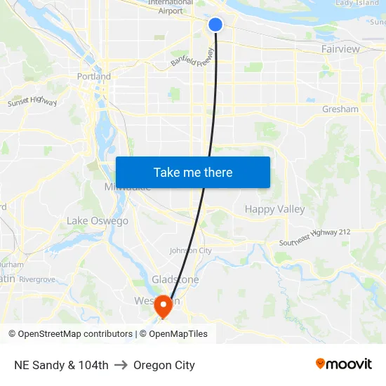 NE Sandy & 104th to Oregon City map