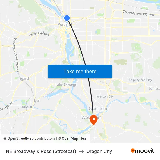 NE Broadway & Ross (Streetcar) to Oregon City map