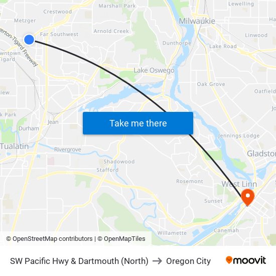 SW Pacific Hwy & Dartmouth (North) to Oregon City map