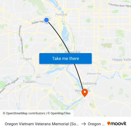Oregon Vietnam Veterans Memorial (Southbound) to Oregon City map