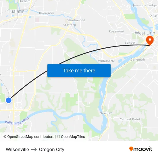 Wilsonville to Oregon City map