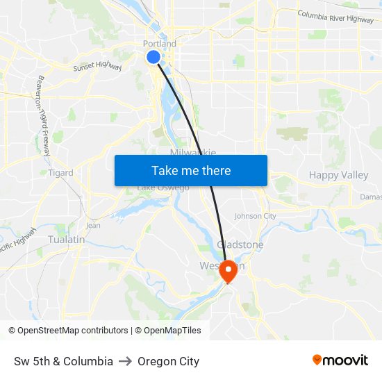 Sw 5th & Columbia to Oregon City map