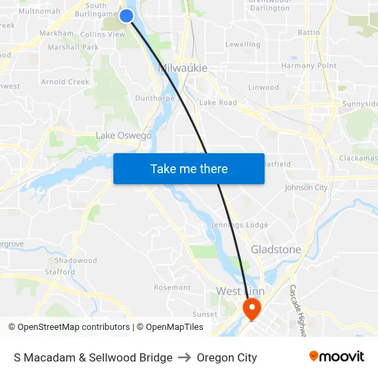 S Macadam & Sellwood Bridge to Oregon City map