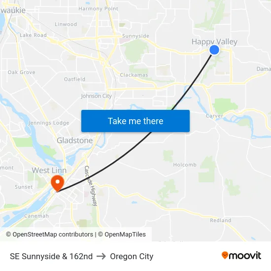 SE Sunnyside & 162nd to Oregon City map