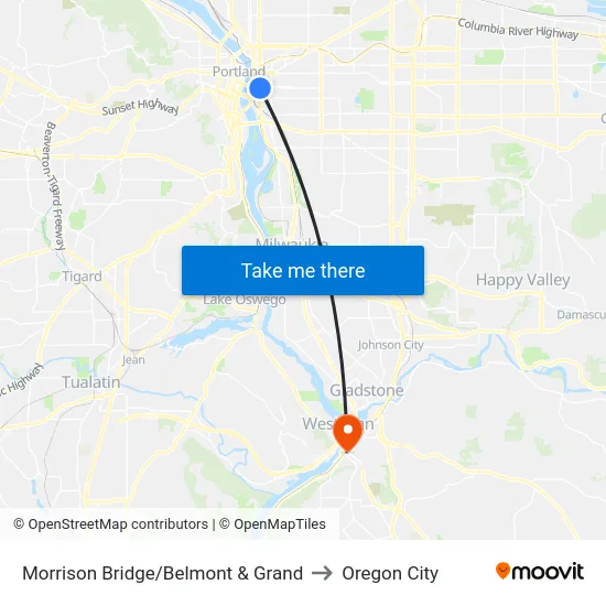 Morrison Bridge/Belmont & Grand to Oregon City map