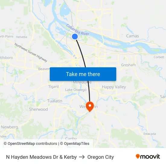 N Hayden Meadows Dr & Kerby to Oregon City map