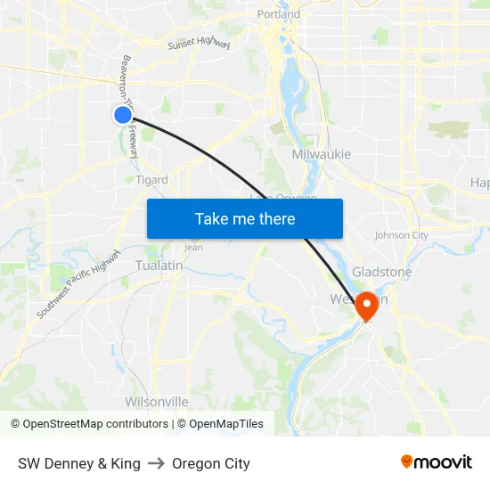 SW Denney & King to Oregon City map