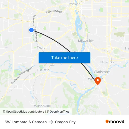 SW Lombard & Camden to Oregon City map